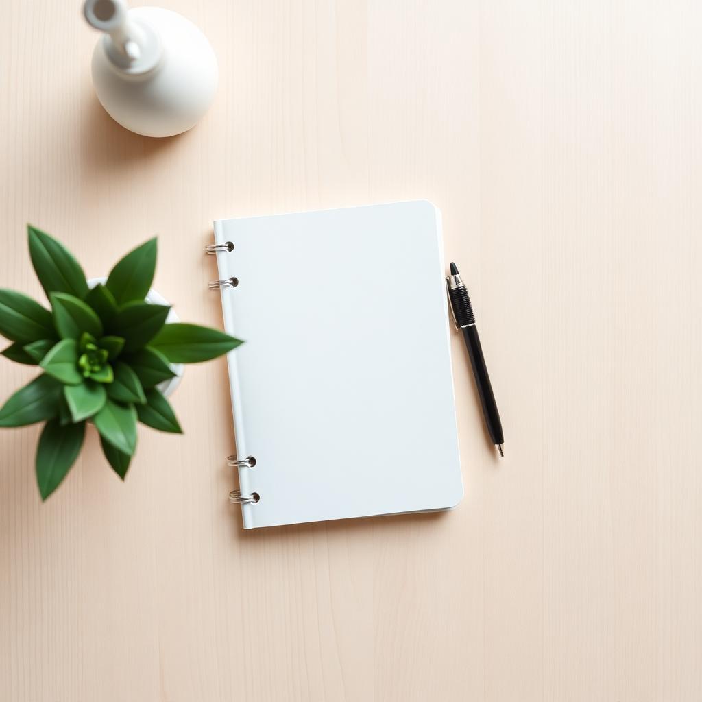 Notitieboek en plant op een werkplek